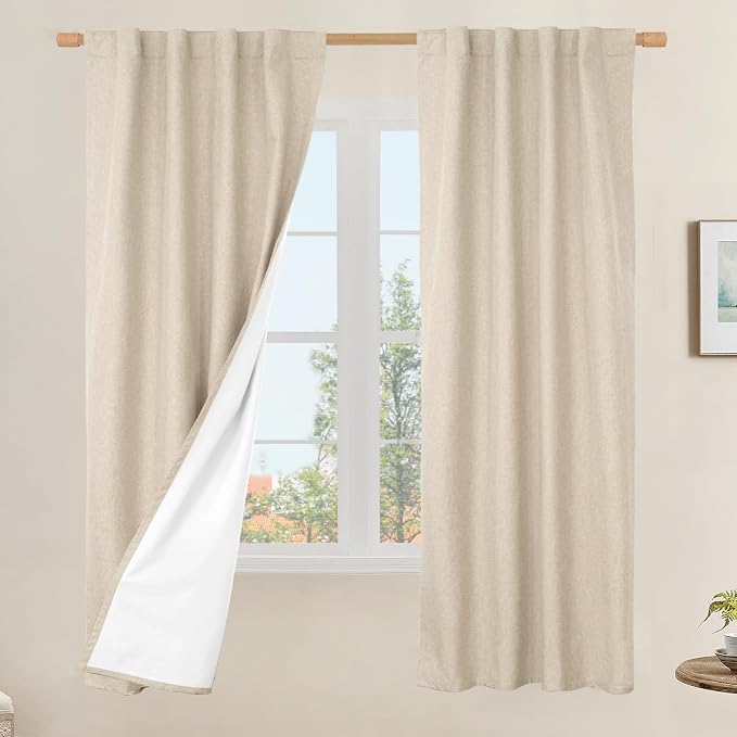 100% Blackout Linen Curtains 63 Inches by LAMIT