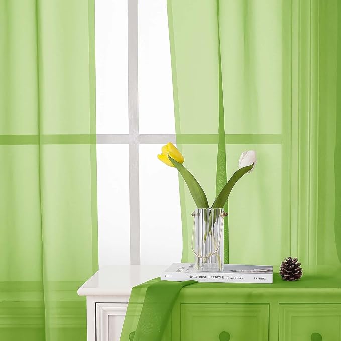 Lime Sheer Curtains 63 Inch Length 2 Pcs, Lightweight Solid Transparent Window - Image 6