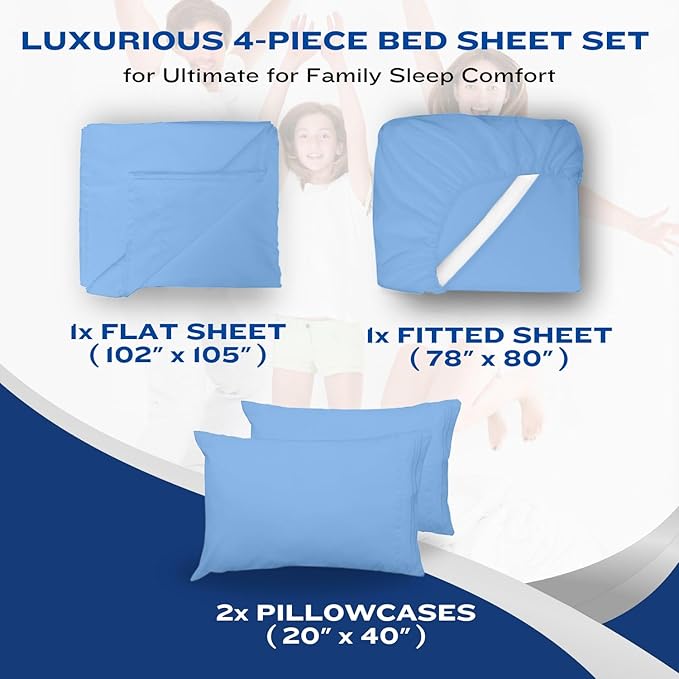 DREAMCARE Queen Size Sheets - Cooling Bed Sheets - 4pcs Set - up to 15" Deep Pocket Queen Sheet Set - Sheets Queen Size Bed - Soft & Long Lasting 100% Fine Brushed Polyester with Side Pocket - Lblue