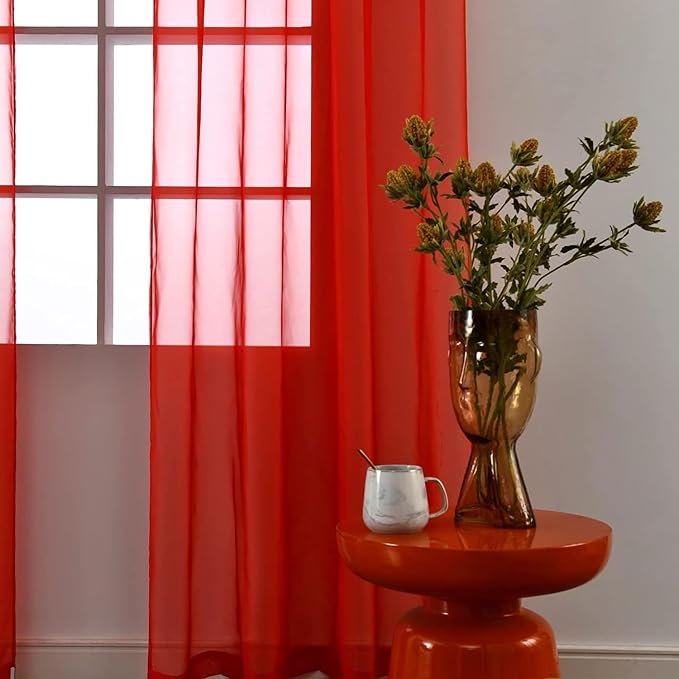 SpaceDresser Sheer Red Curtains 4 Panels Rod Pocket Semi-Sheer Curtain 84 - Image 5
