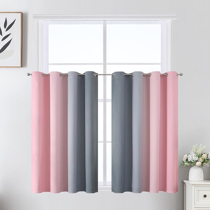 Ombre Grey and Pink Blackout Curtains 36 Inch Long | Thermal Insulated Grommet by ESTELARTEXTILER