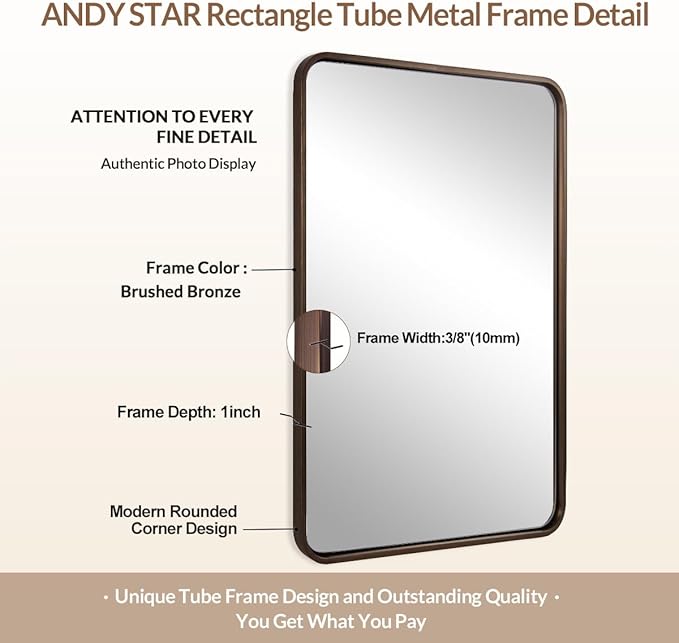 ANDY STAR 40x32 Inch Bronze Bathroom Mirror, Rounded Rectangle Oil Rubbed Bronze Mirrors for Bathroom,Tube Metal Framed, 1’’ Deep Wall Mounted Vertically/Horizontal