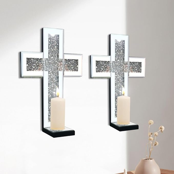 Crystal Crush Diamond Mirrored Candle Sconces, Silver Wall Candle Holder Set of 2, Wall Decoration for Living Room，Dining Room (Silver Cross)