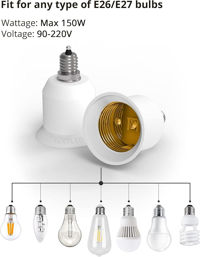 JACKYLED 2-Pack E12 to E26 Adapter, E12 Light Socket to Medium Base, E26 E27 Converter Light Socket Adapter, Chandelier Socket E12 Light Bulb Adapter
