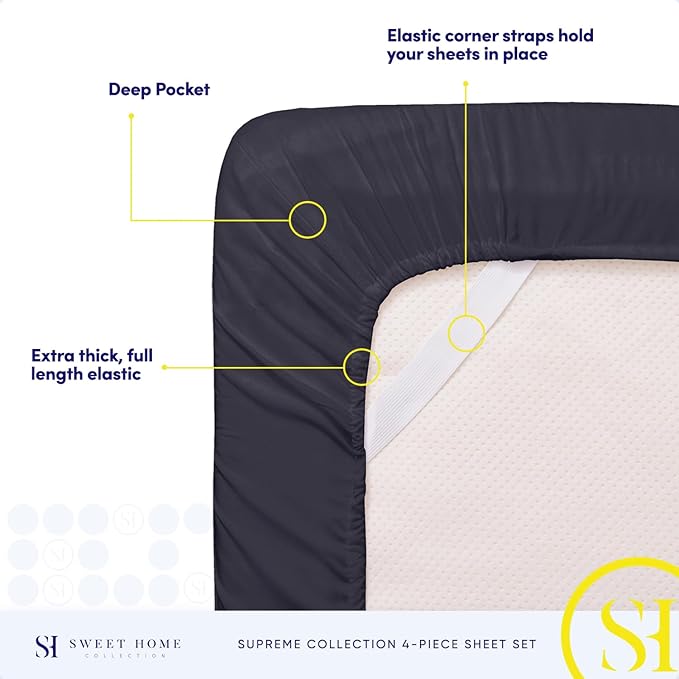 Queen Size Bed Sheets - Breathable Luxury Sheets with Full Elastic & Secure Corner Straps Built In - 1800 Supreme Collection Extra Soft Deep Pocket Bedding, Sheet Set, EXTRA DEEP pocket - Queen, Navy
