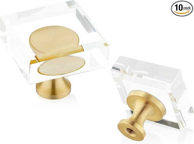 QOGRISUN 10-Pack Brass Crystal Cabinet Knobs,Glass Crystal Gold Drawer Knobs,1-1/8-Inch Square,Decorative Dresser Pulls, Modern Cabinet Hardware