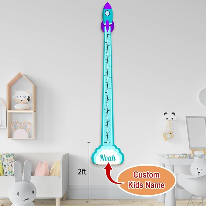 Personalized Growth Chart for Wall, Wooden Height Chart for Kids, Cute Height Measurement for Child/Girls/Boys, Baby and Toddler's Playroom/Kid's Room/Nursery Decor, Rocket