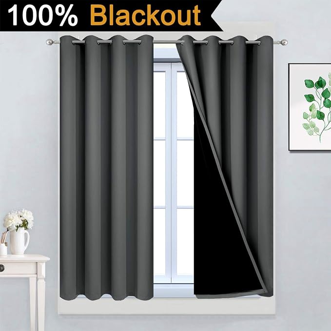 Yakamok Dark Grey 100% Blackout Curtains 45 Inches Long 52" Wide 2 Panels | - Image 2