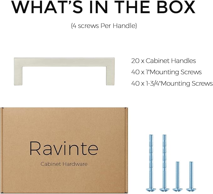 Ravinte 20 Pack Solid 3-1/2 Inch Center to Center Slim Square Bar Dresser Drawer Handles Kitchen Cabinet Handles Brushed Nickel Drawer Pulls Kitchen Cabinet Hardware Pulls