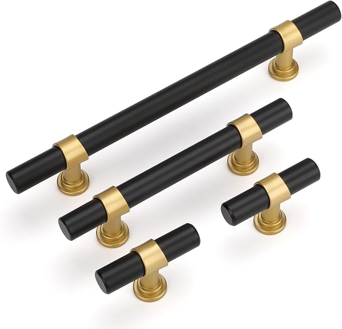 LONTAN 12 Pack Kitchen Cabinet Knobs Black and Gold Drawer Knobs for Dresser Bathroom T-bar Black Hardware for Cabinets, Zinc Alloy Base