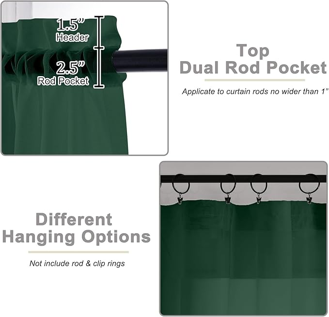 Hunter Green Kitchen Curtains 30 Inch Length Tier 2 PCS, Solid Soft Half - Image 4