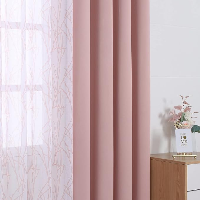 BONZER Mix and Match Curtains - 2 Pieces Branch Print Sheer Curtains and 2 Pieces Blackout Curtains for Bedroom Living Room Grommet Window Drapes, 37x84 Inch/Panel, Blush, Set of 4 Panels