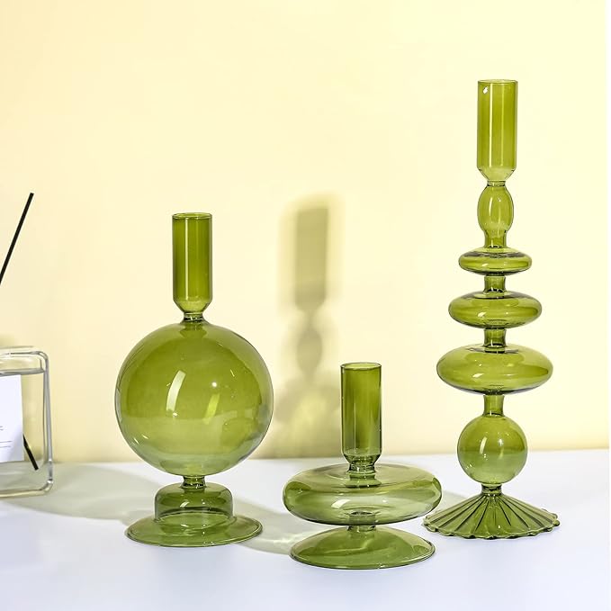 Rtteri 3 Pcs Glass Candlestick Holders Glass Candle Holders Groovy Wavy Elegant Taper Candle Stick for Wedding Home Birthday Party Christmas Halloween Decoration Windowsill Decor(Green)