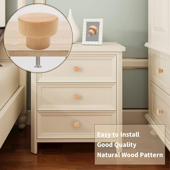 10PCS Wood Knobs Flat Top Round Cabinet Knobs Natural Wooden Dresser Drawer Pulls (Diameter: 35mm/1.38 inch, Height: 25mm/0.99 inch)