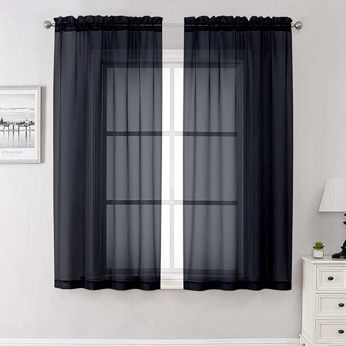 Black Sheer Curtains 68 Inch Length 2 Pcs, Light Filtering Rod Pockets Window by Lecloud