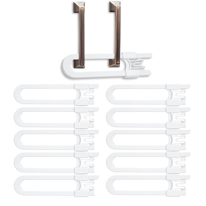 Vmaisi 10 Pack Baby Sliding Cabinet Locks - Adjustable U Shaped Child Safety Locks,Childproof Latches for Kitchen Bathroom Storage Cupboards Doors, Handles and Knobs White (10)