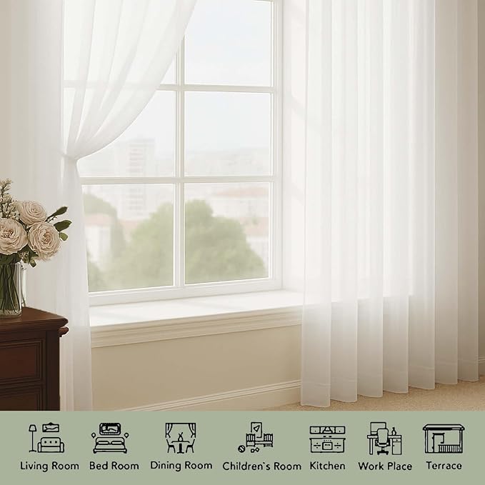 Ivory Sheer Curtains 120 Inches Long 2 Panels Set, Airy Lightweight Sheer Ivory - Image 3