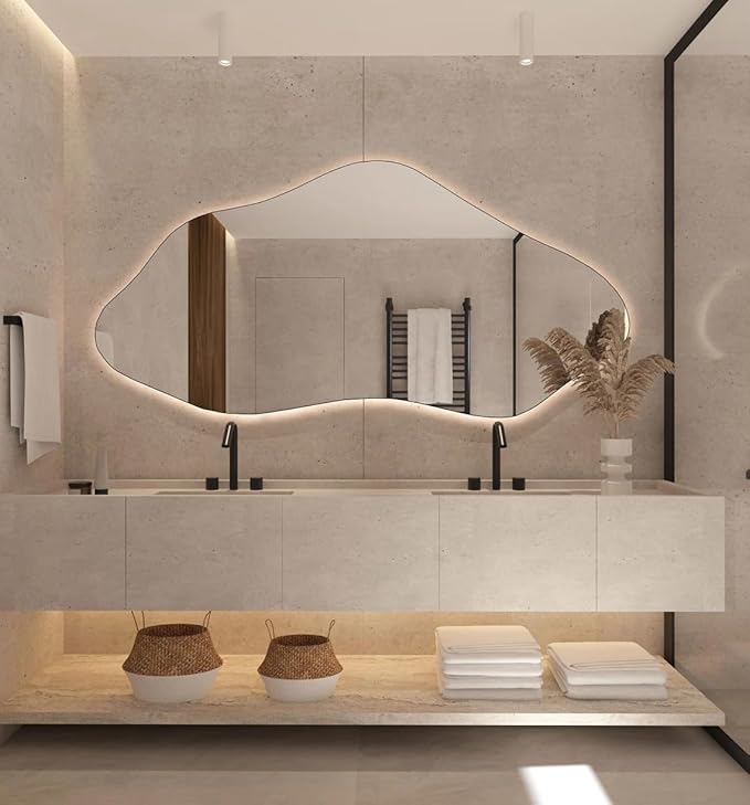 Asymmetrical Bathroom LED Mirror, Modern Irregular Shape Wall Mirror with LED Lights, Frameless Aesthetic Backlit LED Illimunated Vanity Mirror (20" x 10" inc)