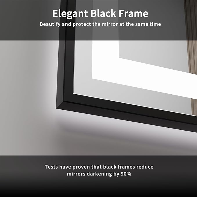 LED Mirror, 40x24 Inch Black Framed Gradient Front and Backlit Lighted Vanity Mirror, 3 Colors Dimmable CRI>90, IP54 Enhanced Anti-Fog Wall Mounted LED Bathroom Mirror