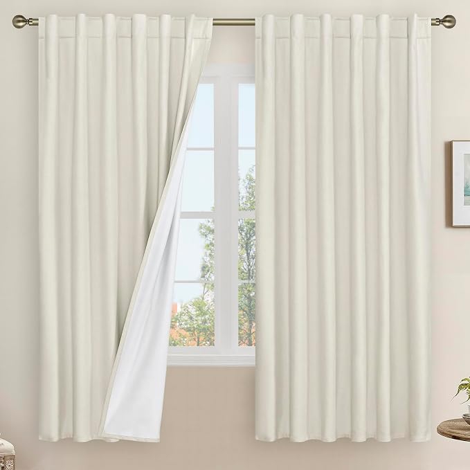 60 Inch 100% Blackout Ivory Linen Curtains 2 Panels, 52 x 60 Inch | Linen by LAMIT