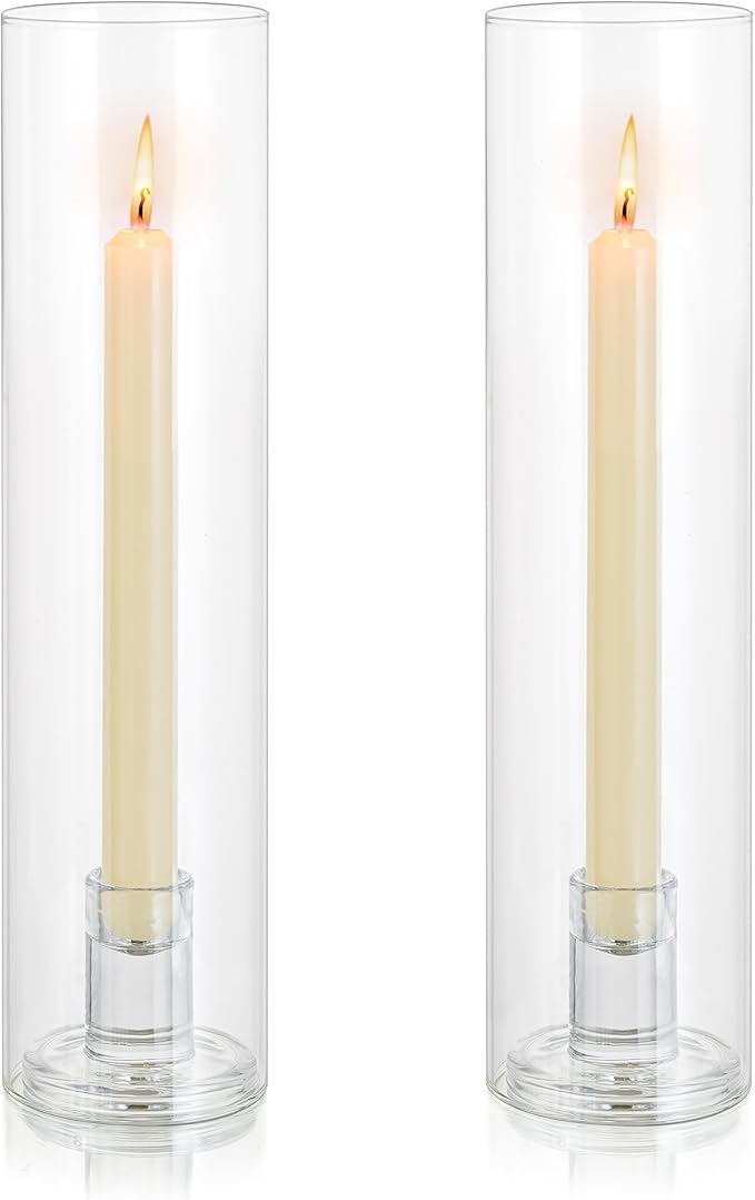 Glass Hurricane Candle Holder: 11.8" Tall Candlestick Holder with Cylinder Windproof Cover Clear Taper Candle Holders for Wedding Party Birthday Christmas Home Decor Set of 2