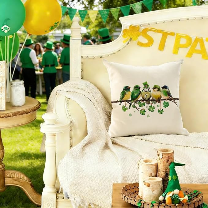 RABUSOFA St.Patricks Day Pillow Covers 18x18 Inch, Birds Shamrock Decorations - Image 5