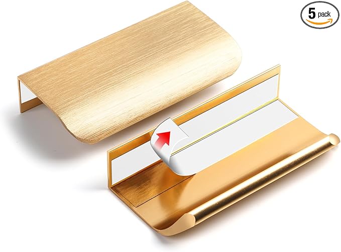 5 Pack 3 inch self Adhesive Cabinet pulls Adhesive Cabinet Handles Gold Stick on Handles for Finger pulls for cabinets Drawer pulls Concealed Seam Flat Edge