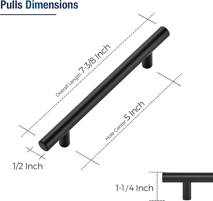 JOY DECOR 30 Pack Cabinet Handles, Black Cabinet Pulls, 5 in Hole Center Kitchen Hardware, Stainless Steel T Bar Handles for Dresser Drawers