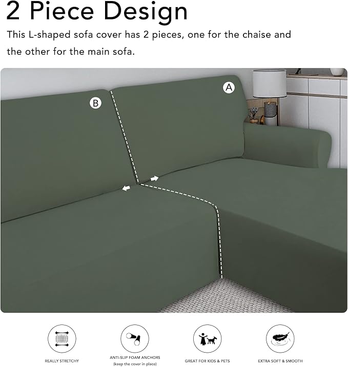 PureFit Stretch Sectional Couch Covers 2 pcs Non Slip L Shape Sofa Cover - Image 5