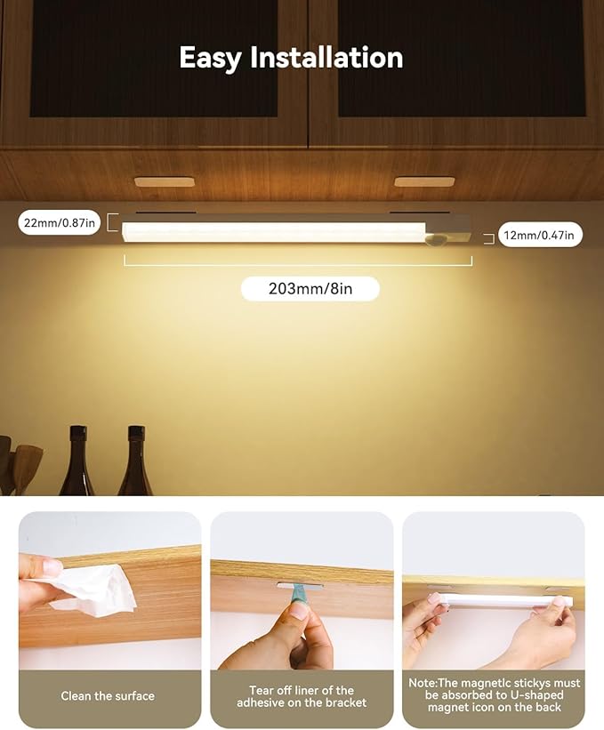 Under Cabinet Lighting 8 Inches Rechargeable Motion Sensor Light Indoor, 3 Color Dimmable Closet Light Battery Operated, USB Stick on LED Magnetic Under Counter Lights for Kitchen Stair, 6 Packs