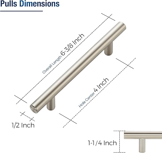 JOY DECOR 3 Pack Cabinet Handles, Brushed Nickel Cabinet Pulls, 4 in Hole Center Kitchen Cabinet Handles, Stainless Steel T Bar Handles for Dresser Drawers