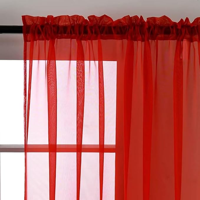 SpaceDresser Sheer Red Curtains 4 Panels Rod Pocket Semi-Sheer Curtain 84 - Image 3