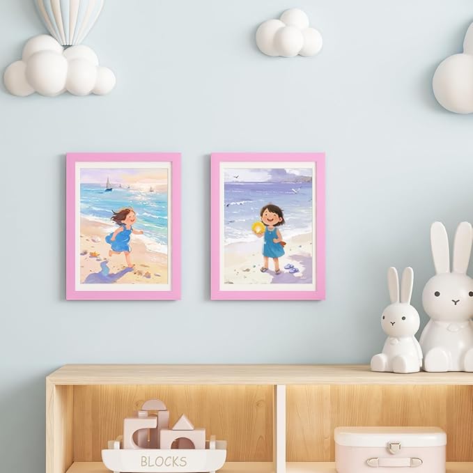 KINLINK 9x12 Kids Art Frames Set of 2, Solid Wood Kids Artwork Frames Changeable with Acrylic Front Opening Holds 150 Pictures, Art Frame for Kids Artwork with Mat or without Mat, Pink