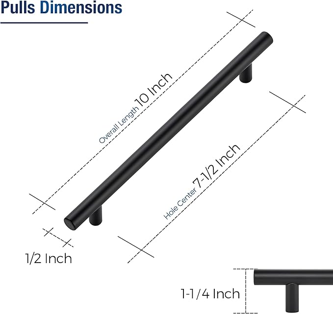 JOY DECOR 45 Pack Cabinet Handles, Black Cabinet Pulls, 7-1/2 in Hole Center Kitchen Hardware, Stainless Steel T Bar Handles for Dresser Drawers