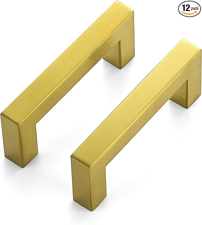 JOY DECOR 12 Pack Cabinet Handles, Gold Cabinet Pulls, 3 Inch Kitchen Closet Handles Square Drawer Pulls Stainless Steel Drawer Hardware, 76mm Hole Centers