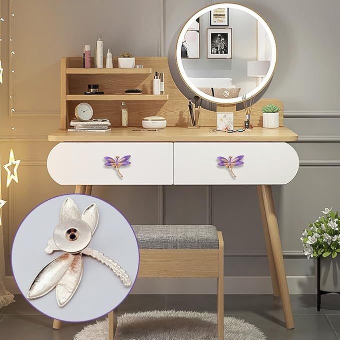 Lovely Dragonfly Cabinet Knobs Purple 4Pcs Animal Pull Single Hole Handle for Door Closet Drawer Cupboard Dresser Wardrobe Furniture Kitchen Modern Home Office