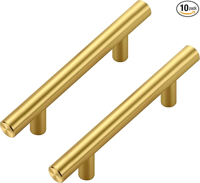 JOY DECOR 10 Pack Cabinet Handles, Gold Cabinet Pulls, 3 in Hole Center Kitchen Cabinet Handles, Stainless Steel T Bar Handles for Dresser Drawers