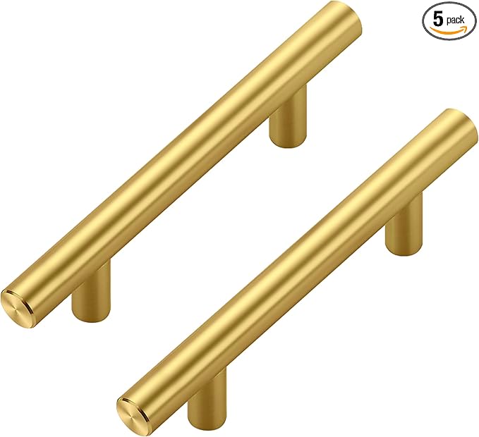 JOY DECOR 5 Pack Cabinet Handles, Gold Cabinet Pulls, 3 in Hole Center Kitchen Cabinet Handles, Stainless Steel T Bar Handles for Dresser Drawers