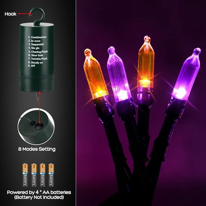 LYHOPE Orange Purple Halloween Lights Indoor, 2 Pack Total 66ft 200 LED Battery Halloween Light with 8 Mode, Timer, Waterproof Battery Operated String Lights for Home Tree Wreaths Party Holiday Decor