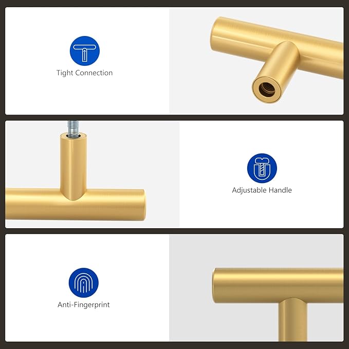 LONTAN 12 Pack Gold Drawer Knobs for Dresser Kitchen Cabinet Knobs Gold Hardware for Cabinets Brushed Brass T Bar Knobs for Dresser Bathroom，Stainless Steel