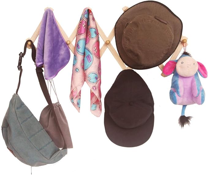 AMAPON Accordion Style Expandable Wall Wooden Coat Rack 13 Hooks (Pegs) Hang Hats Jackets Coffee Mug Purses Necklaces Towels Cap Leash Scarves Data Line Kitchenware (2 Pack)