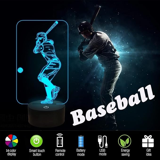 FULLOSUN Baseball 3D Night Light, Sport Gifts Bedside Lamp for Xmas Holiday Birthday Gifts for Baseball Fan with Remote Control 16 Colors Changing + 4 Changing Mode + Dim Function