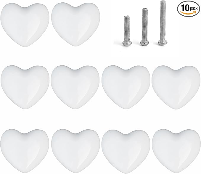 Ceramic Drawer Knobs Heart Shape Cabinet Dresser Pulls Handles with 3 Sized Screws, Kitchen Furniture Knobs for Closet Cupboard Wardrobe (White, 10 Pack)