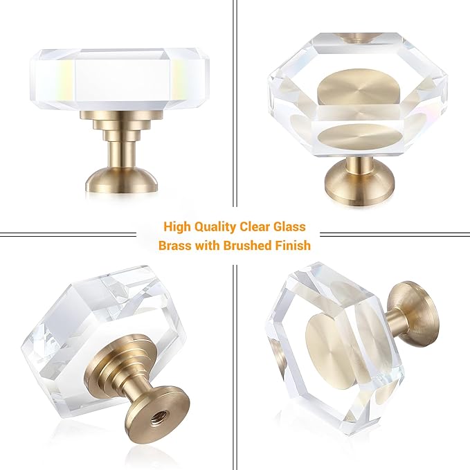 24-Pack Brass Base Crystal Drawer Knobs,Glass Crystal Gold Cabinet Knobs,1-5/16-Inch Hexagon,Kitchen Hardware Pulls, Modern Bathroom Hardware knob