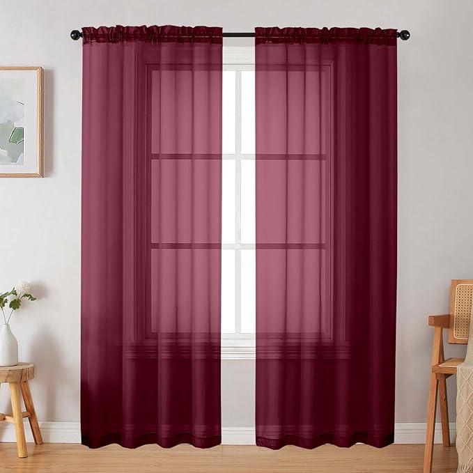 Burgundy Sheer Curtain for Bedroom Living Room 78 Inches Long 2 Panels Set by WelvetBLK