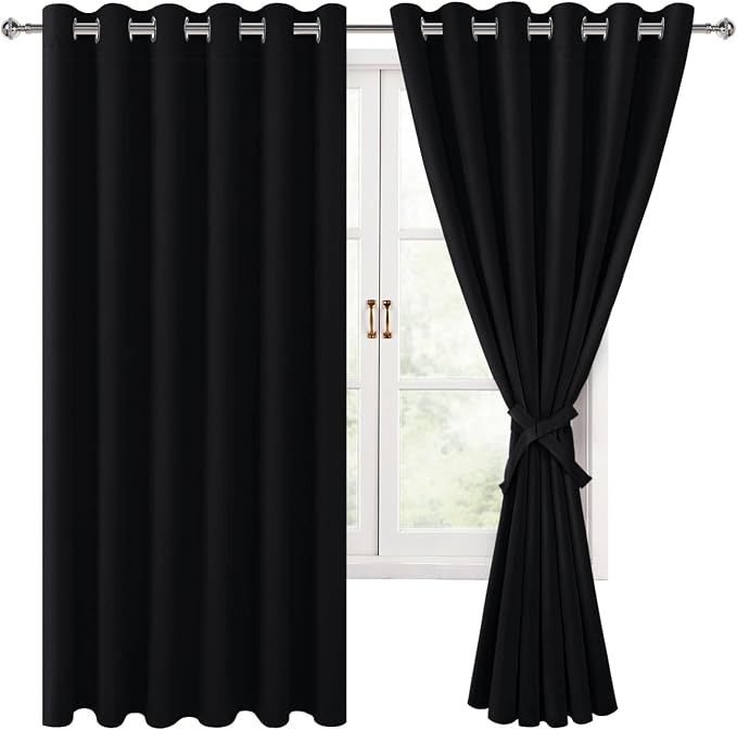 Grommet Blackout Curtains for Bedroom 70 x 63 Inches Black 2 Panels | Thermal by Hiasan