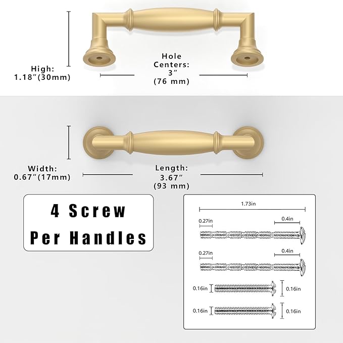 10 Pack Brushed Gold Cabinet Pulls 3 Inch(76mm) Kitchen Cabinet Handles Solid Zinc Alloy Cabinet Hardware Drawer Pulls