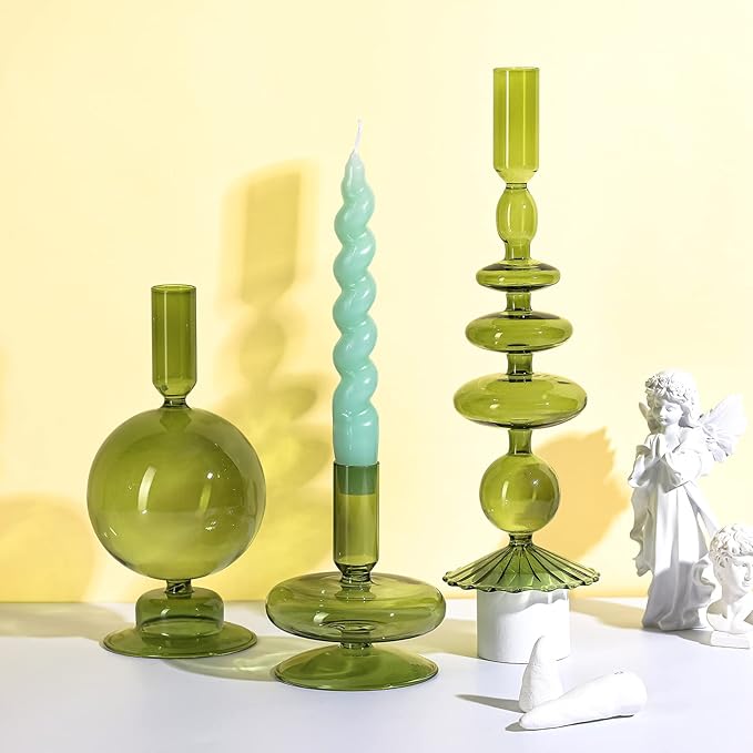 Rtteri 3 Pcs Glass Candlestick Holders Glass Candle Holders Groovy Wavy Elegant Taper Candle Stick for Wedding Home Birthday Party Christmas Halloween Decoration Windowsill Decor(Green)