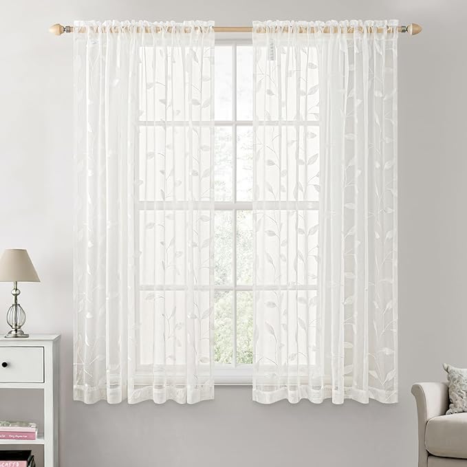MIULEE Ivory Sheer Curtains 2 Panels Embroidered Leaf Patterned, W52 x L63 | - Image 2
