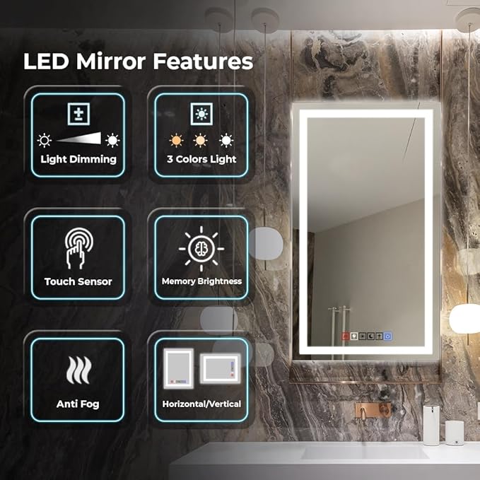 Fab Glass and Mirror Anti-Fog Dimmable Backlit and Front lit LED Bathroom Wall Mirror with Memory Function Rectangular Frameless LED Mirror 30L X 20W Clear